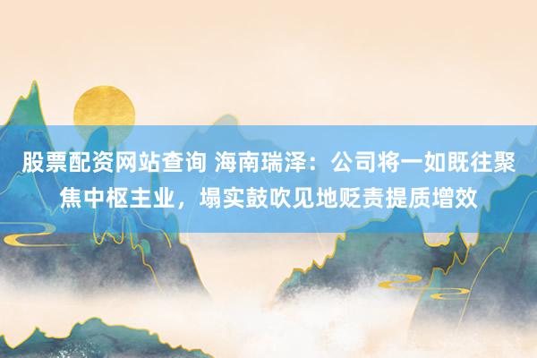 股票配资网站查询 海南瑞泽：公司将一如既往聚焦中枢主业，塌实鼓吹见地贬责提质增效